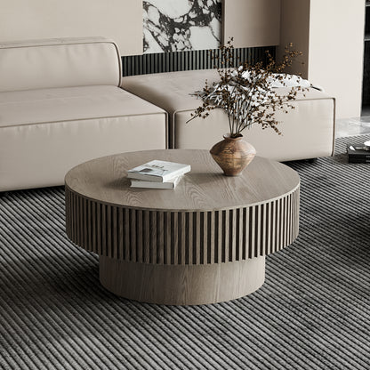 31.5'' Round Coffee Table with Storage Solid Wood Veneered Modern Coffee Table Accent Tea Table for Living Room, Bedroom, Apartment or Office, Grey image 2