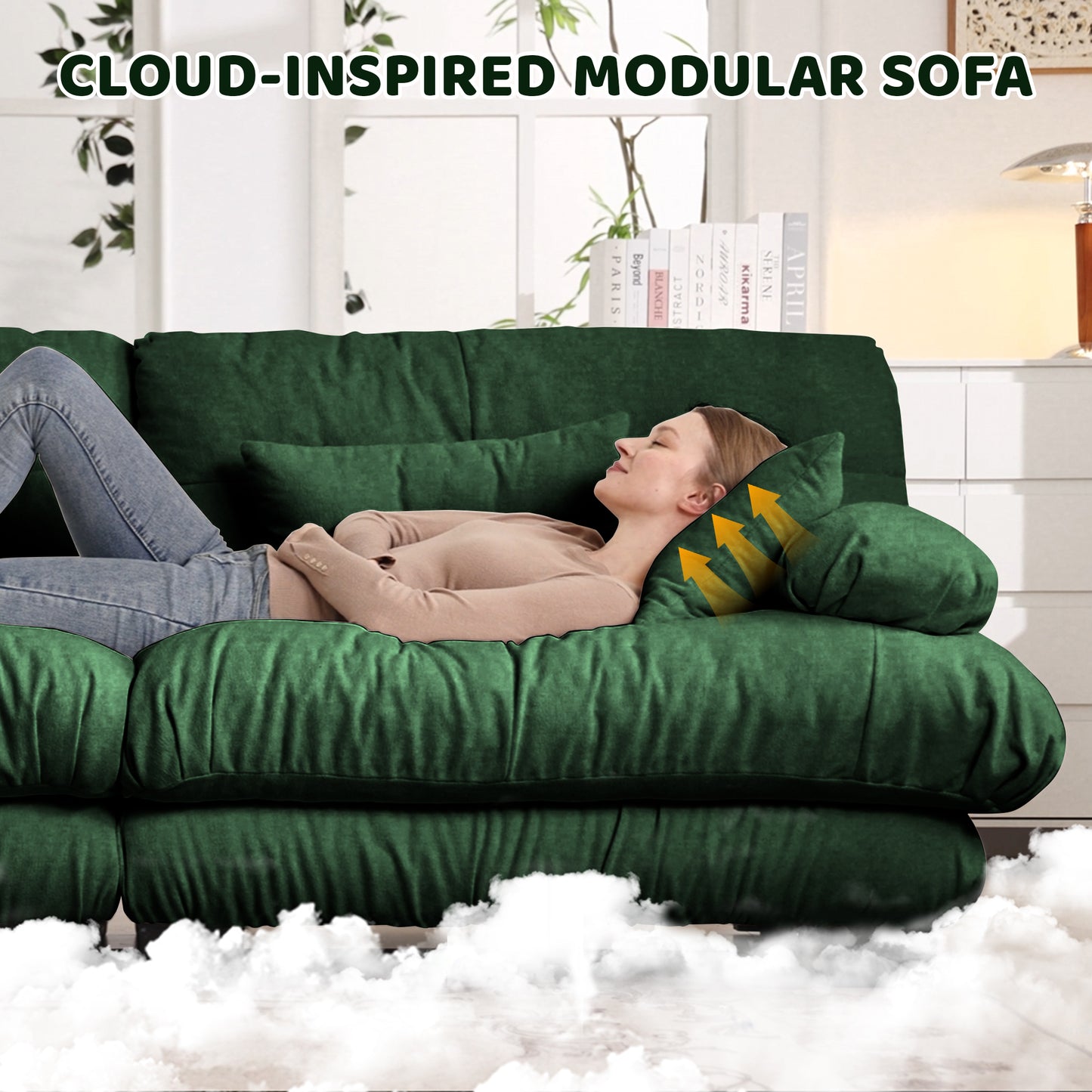 Cloud Couch Sectional Sofa for Living Room, Chenille 2 Seater Sofa with 2 Lumbar pillows and 2 throw pillows, Upholstered Wide Arm Sofa with Convertible Ottoman,Chenille Green image 6