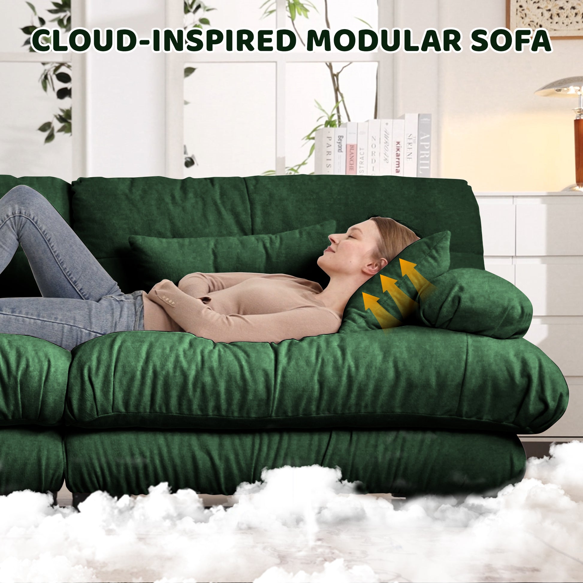 Cloud Couch Sectional Sofa for Living Room, Chenille 2 Seater Sofa with 2 Lumbar pillows and 2 throw pillows, Upholstered Wide Arm Sofa with Convertible Ottoman,Chenille Green image 6