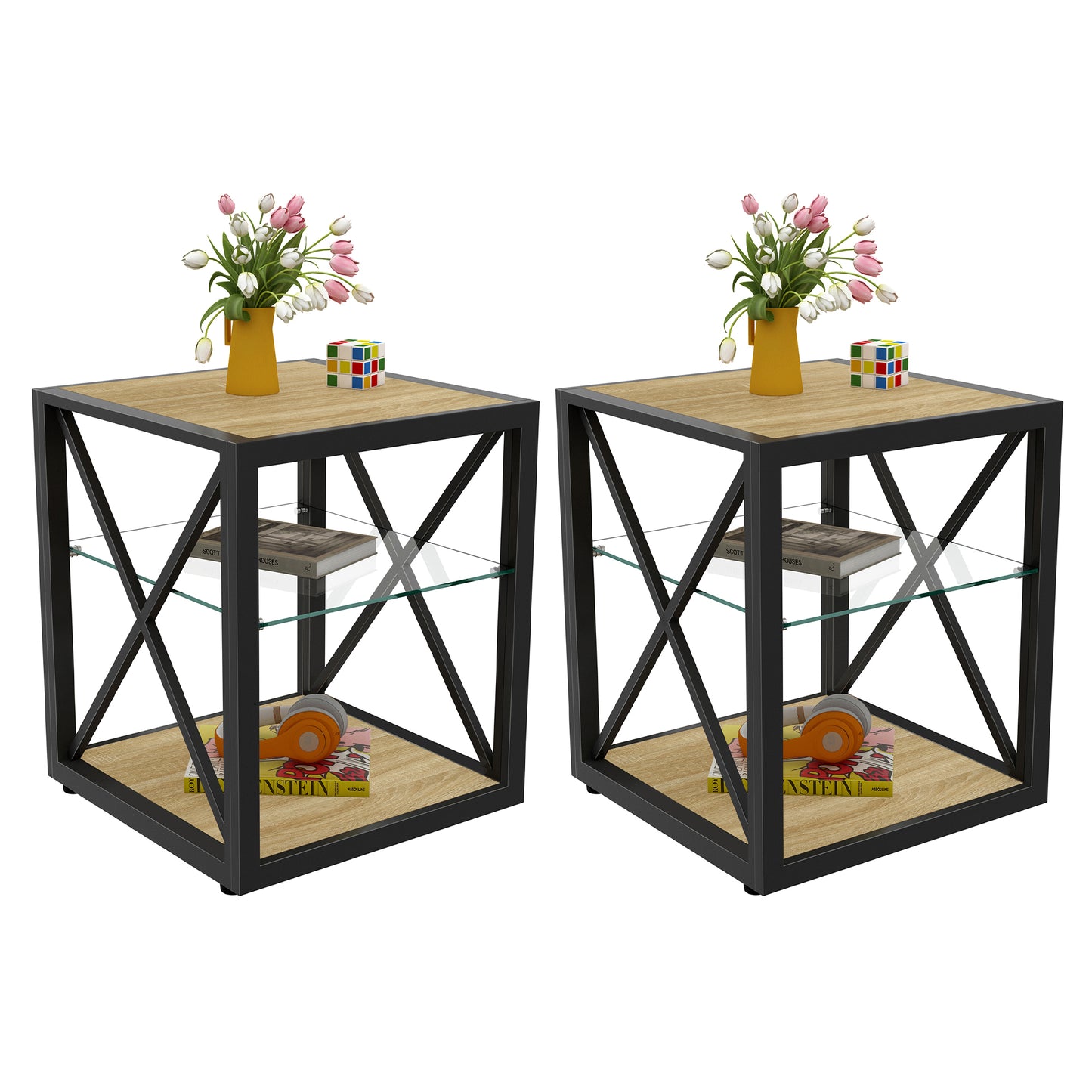 Set of 2 Modern End Table Nightstand for Bedroom & Living Room, Tempered Glass & Natural Wood MDF Top, Industrial Style Side Table image 8
