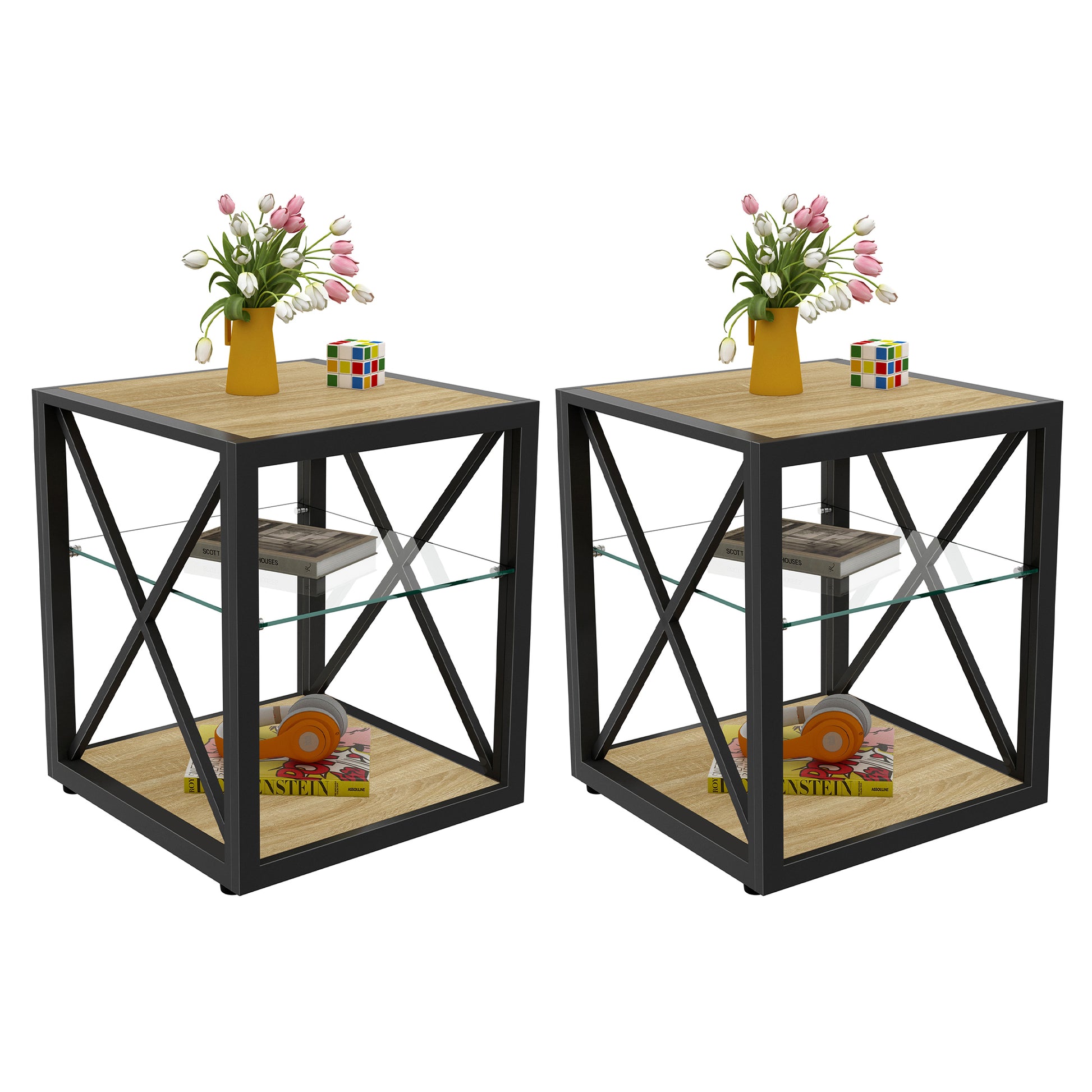 Set of 2 Modern End Table Nightstand for Bedroom & Living Room, Tempered Glass & Natural Wood MDF Top, Industrial Style Side Table image 8