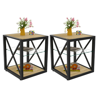 Set of 2 Modern End Table Nightstand for Bedroom & Living Room, Tempered Glass & Natural Wood MDF Top, Industrial Style Side Table image 8