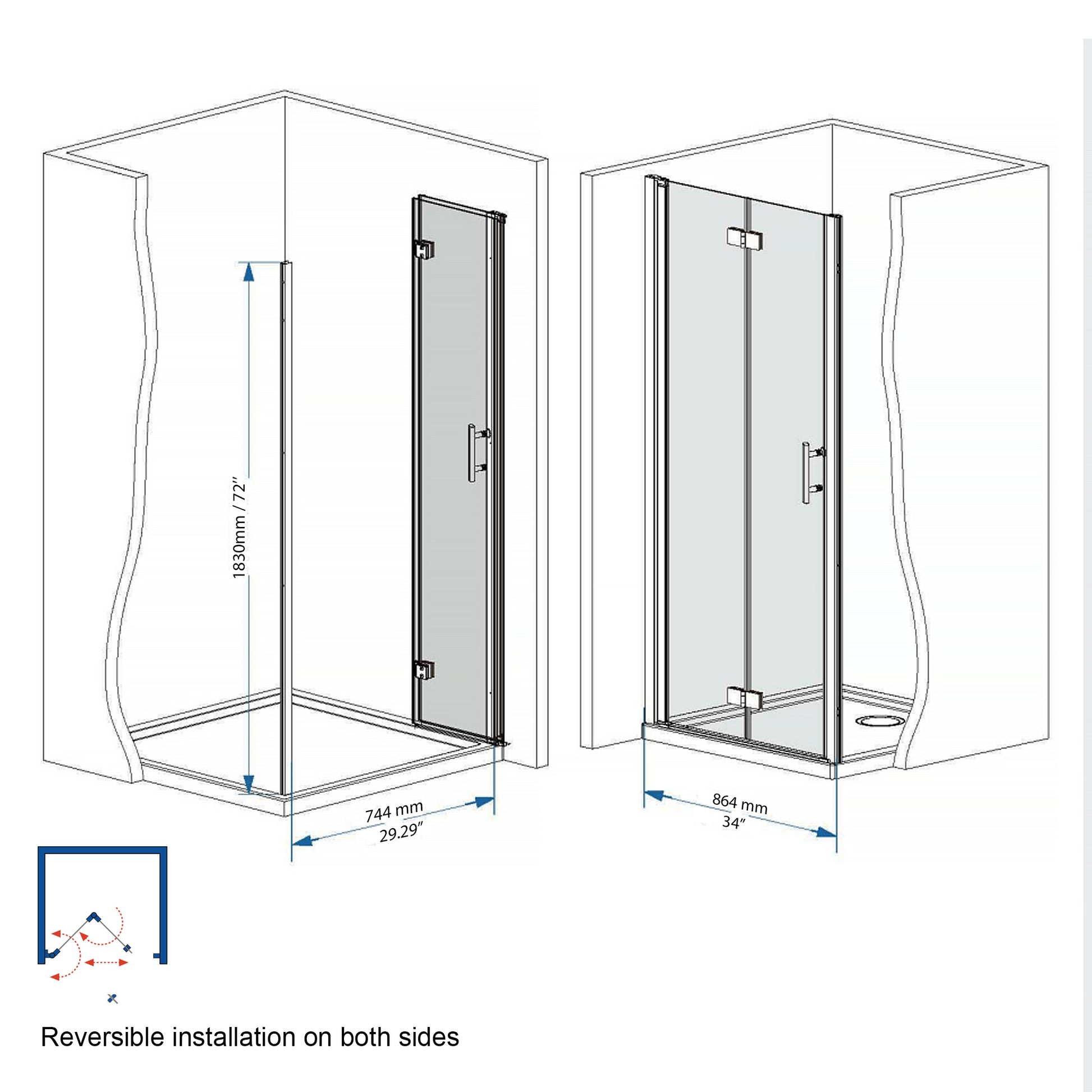 35-34 "x 72" Bifold Shower Door, 1/4"(6mm) Tempered Glass, Matte Black Aluminum Frame, Explosion Proof Film image 7