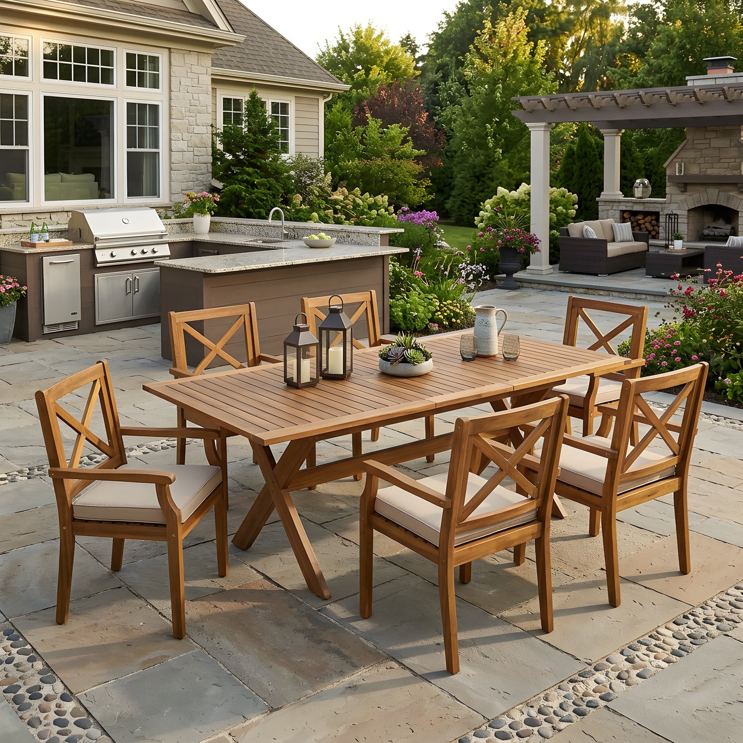 7 Pieces Acacia Wood Outdoor Dining Set with Cream Cushions,Modern 6 Chairs 1 Large Table,Dining Furniture Set for Lawn, Backyard, Garden Deck,Poolside,Teak image 1