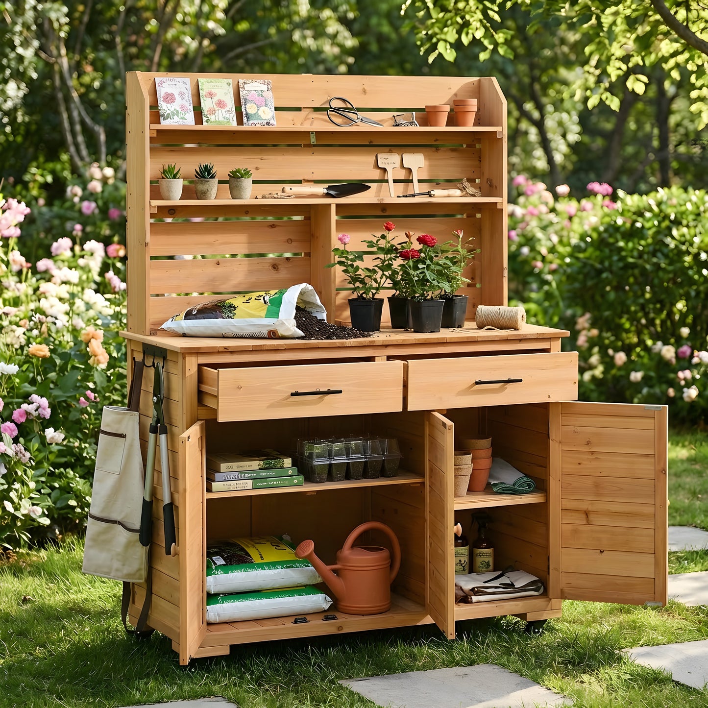 Assembly Video-TOPMAX 65''H Large Garden Potting Bench with Lockable Wheel and Storage Cabinet, Wood Outdoor Kitchen Island Prep Cart with Hutch Top, Drawers and Removal Shelves for Grilling, Natural image 2
