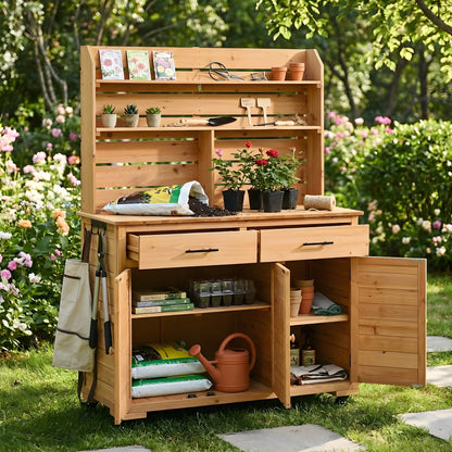 Assembly Video-TOPMAX 65''H Large Garden Potting Bench with Lockable Wheel and Storage Cabinet, Wood Outdoor Kitchen Island Prep Cart with Hutch Top, Drawers and Removal Shelves for Grilling, Natural image 2