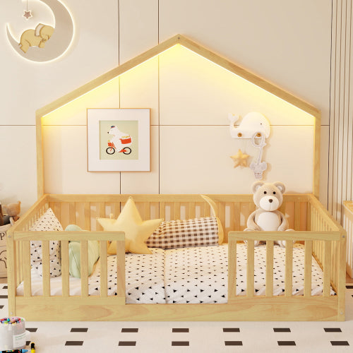 Full Floor Bed with High Rails, Wooden Montessori Bed with Light for Kids, Boys and Girls,Natural(Old SKUW2593P440609 Expect Arrival Date 2026/6/30) image 3