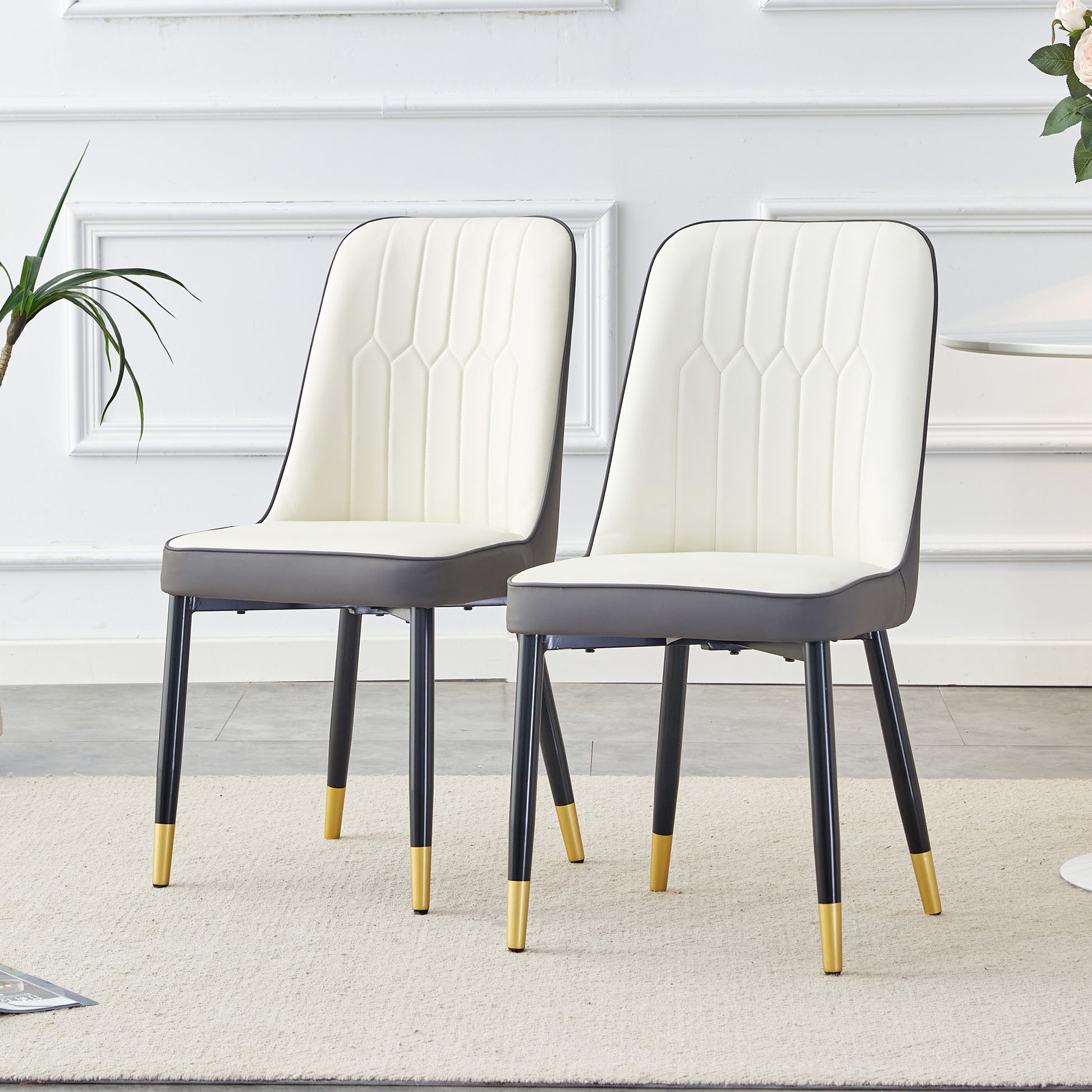 A modern dining chair with a white dark gray dual tone PU leather backrest and black metal legs, suitable for kitchens, bedrooms, and offices. A set of 2 pieces (white+dark gray+PU)C-007 image 2