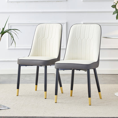 A modern dining chair with a white dark gray dual tone PU leather backrest and black metal legs, suitable for kitchens, bedrooms, and offices. A set of 2 pieces (white+dark gray+PU)C-007 image 2