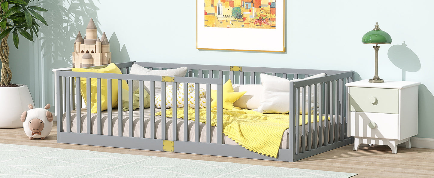 Twin Size Floor Bed with High Fence Railings, 6 Slats Included, Rubber Wood Floor Bed with Safety Guardrails, without Door,Grey image 6
