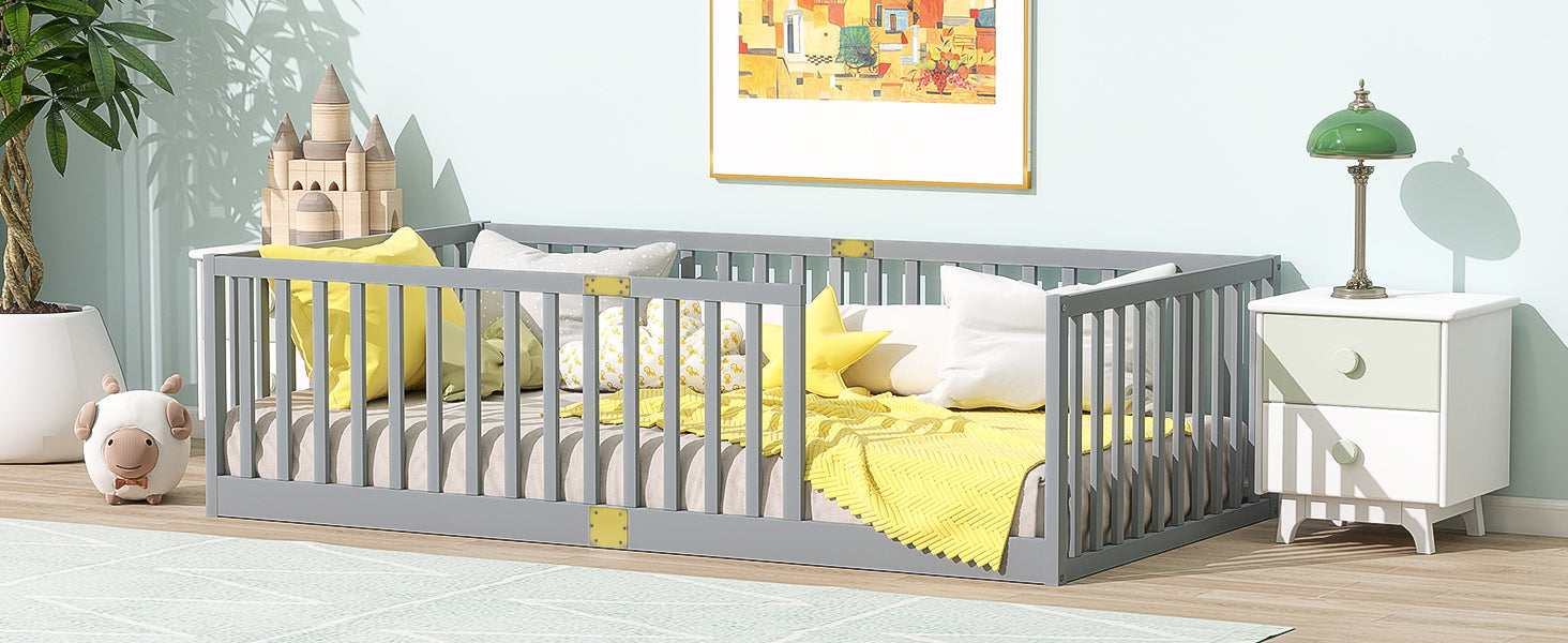Twin Size Floor Bed with High Fence Railings, 6 Slats Included, Rubber Wood Floor Bed with Safety Guardrails, without Door,Grey image 6