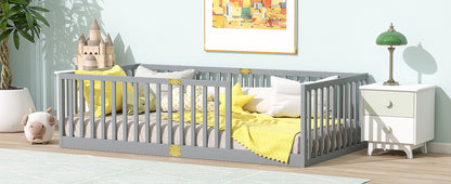 Twin Size Floor Bed with High Fence Railings, 6 Slats Included, Rubber Wood Floor Bed with Safety Guardrails, without Door,Grey image 6