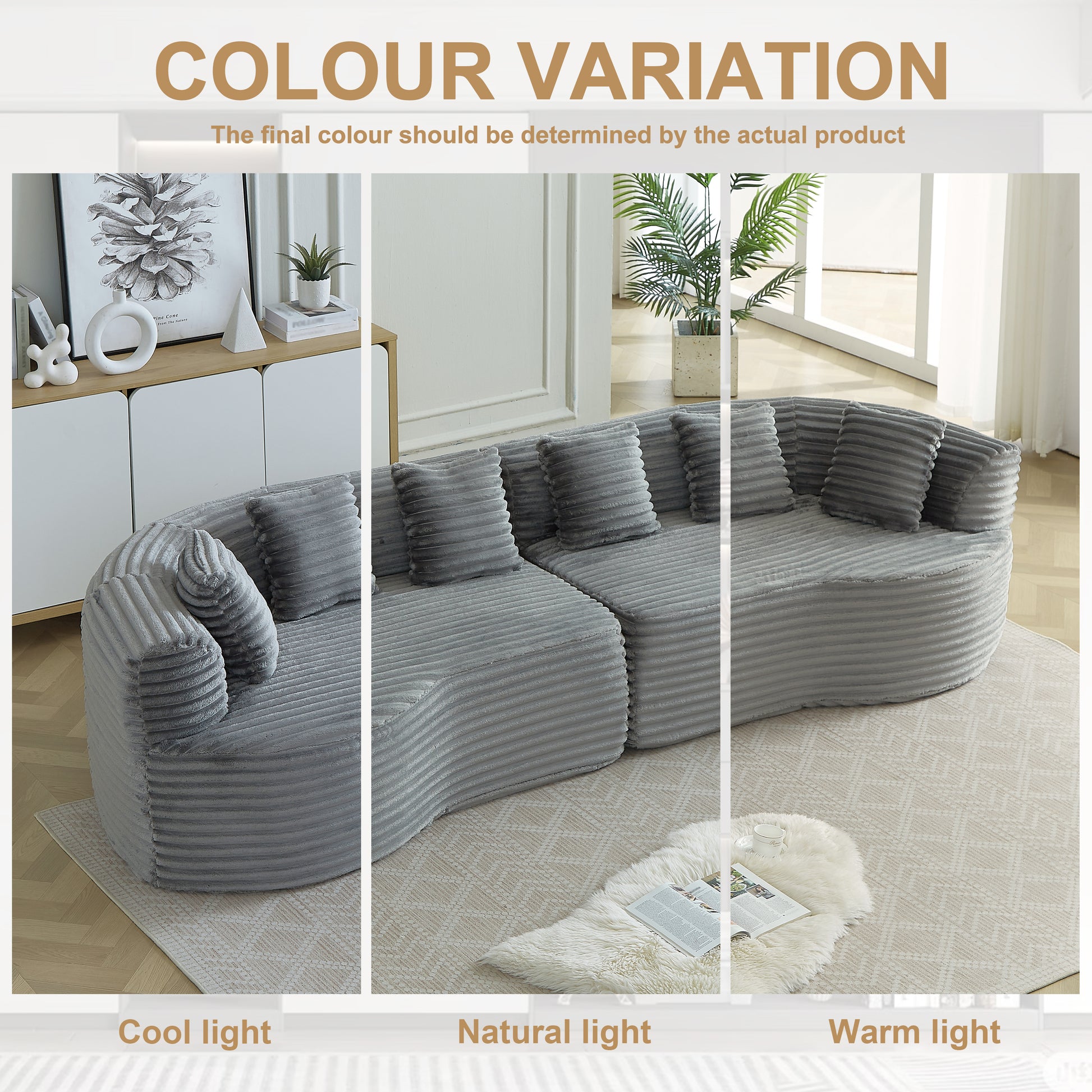 Curved Sectional Sofa, 111.5-inch Oversized Modern Bone-Free Cloud Sofa with 6 Pillows Luxury Corduroy Four-Seater Memory Foam Sofa with Deep Seat Design,grey W3505P355587 image 6