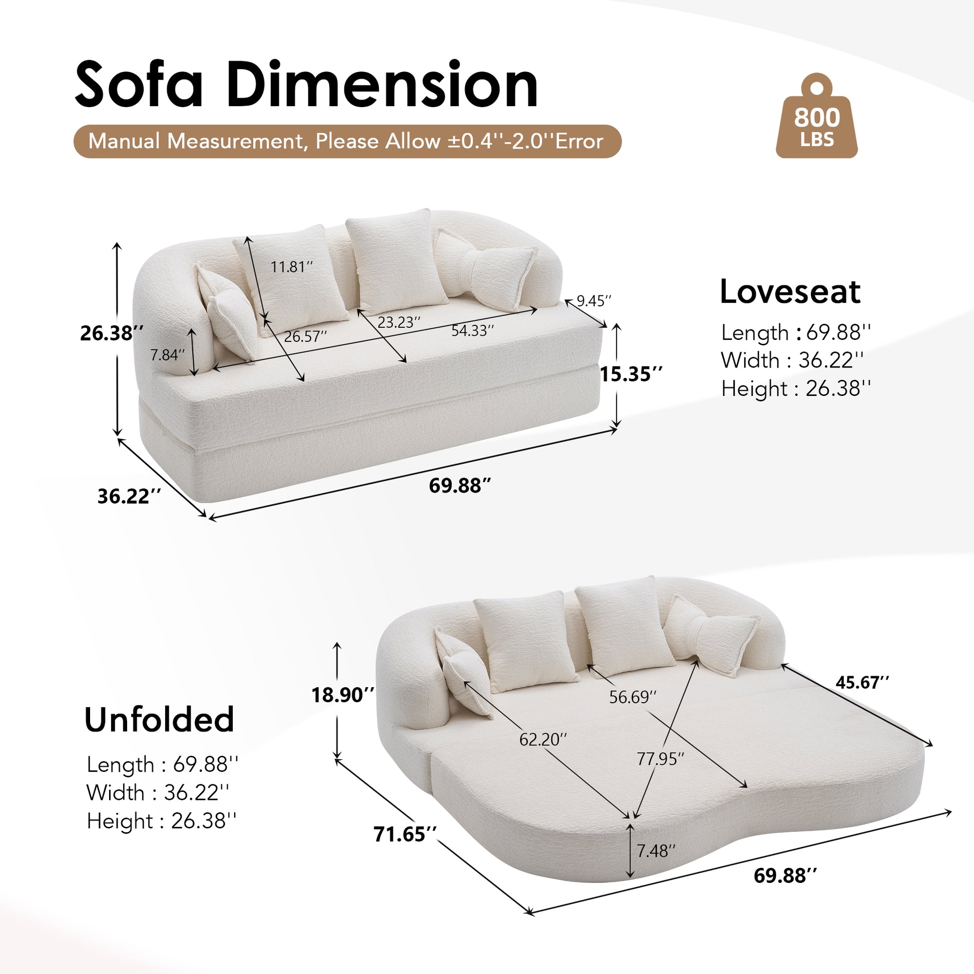 (Old Sku: W2231P392100) 2-in-1 Foldable Sofa Bed,70 Inch Folding Boneless Couch Convertible Compressed Sleeper Sofabed, 4 Pillows for Living Room Apartment, Milk White image 2