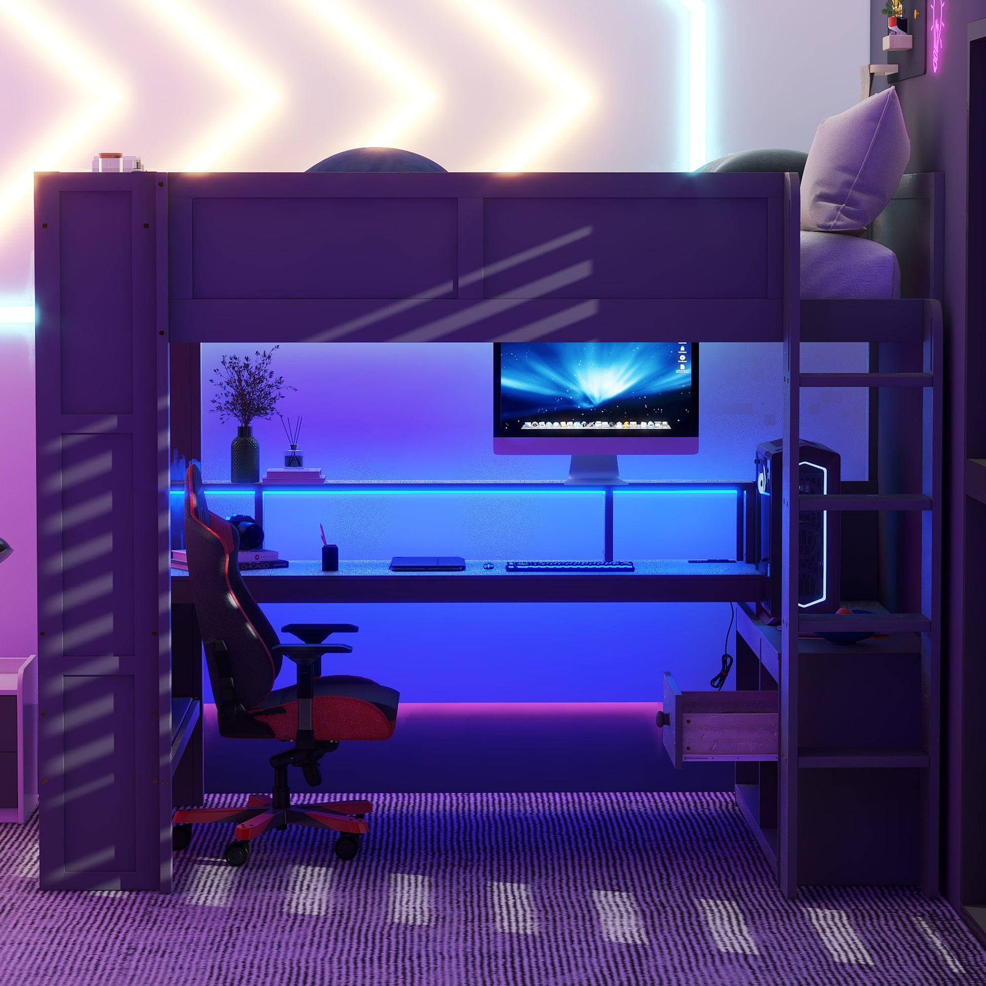 Wood Full Size Gaming Loft Bed with Desk, Multi-storage Shelves, LED and Charging Station, Dark Gray(Old SKU:SM000374AAE) image 2