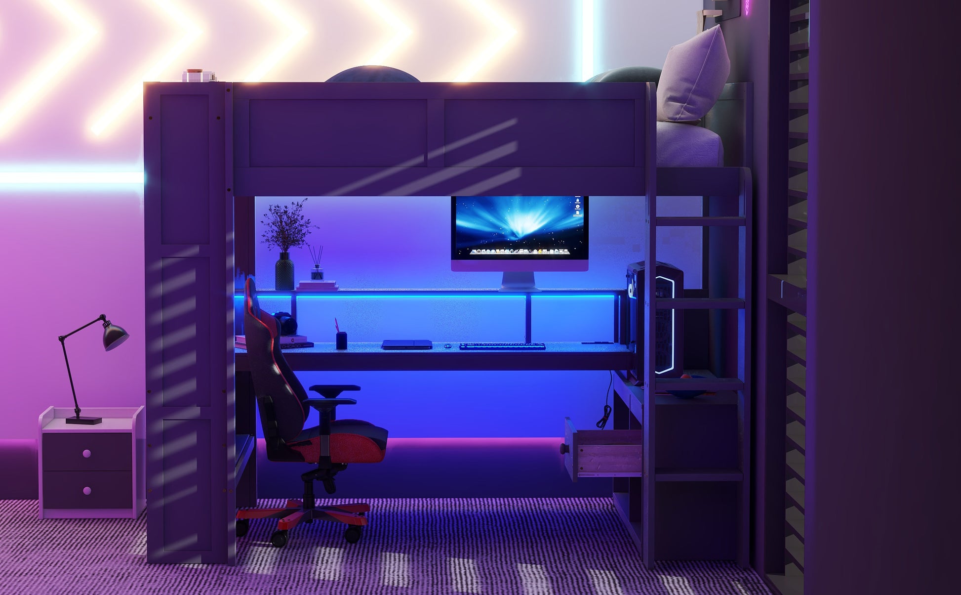 Wood Full Size Gaming Loft Bed with Desk, Multi-storage Shelves, LED and Charging Station, Dark Gray(Old SKU:SM000374AAE) image 8