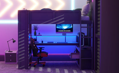 Wood Full Size Gaming Loft Bed with Desk, Multi-storage Shelves, LED and Charging Station, Dark Gray(Old SKU:SM000374AAE) image 8