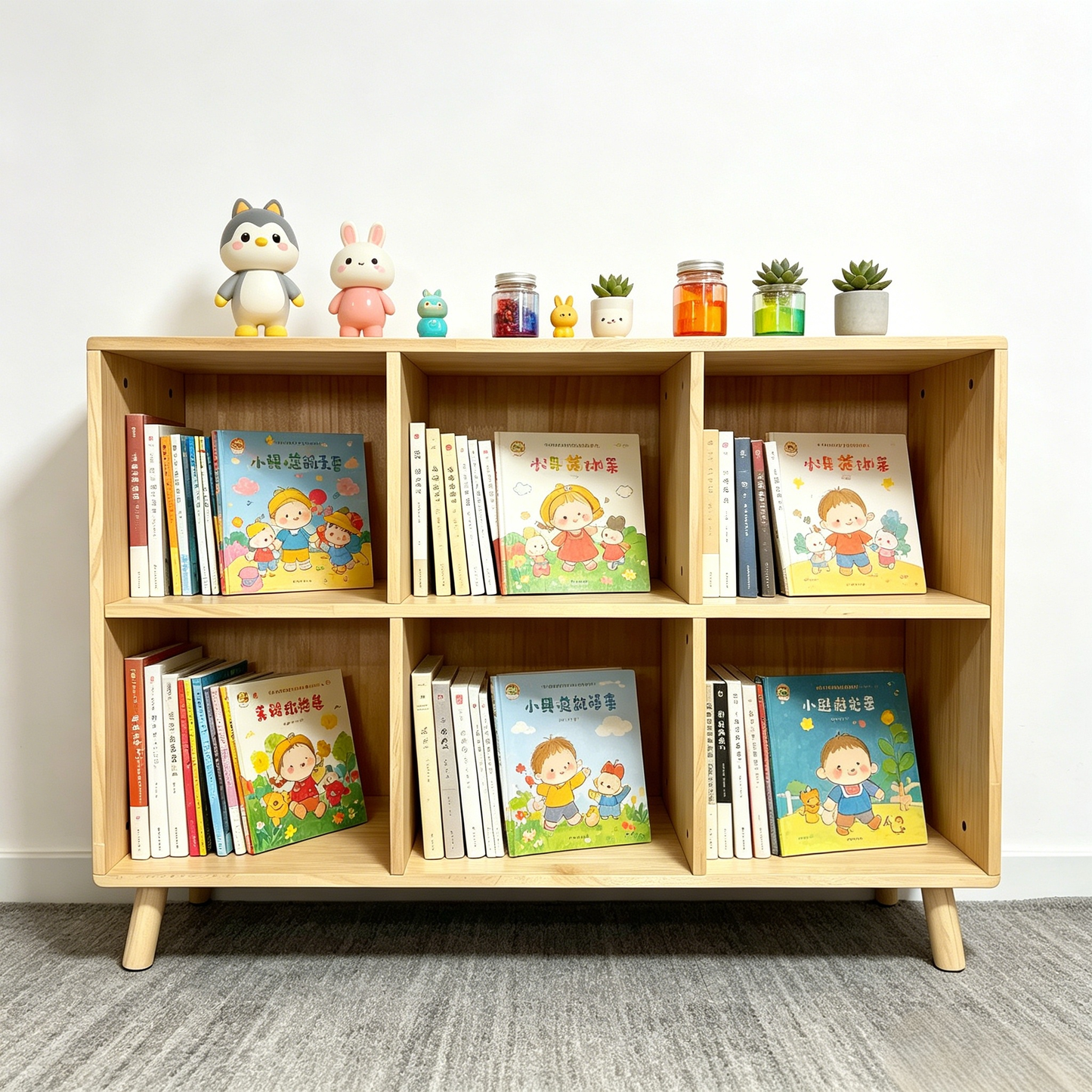 6 Cube Wooden Storage Shelf, Freestanding Open Bookcase with Legs, Natural Solid Wood Cubby Organizer for Living Room, Bedroom, Office, Entryway image 6