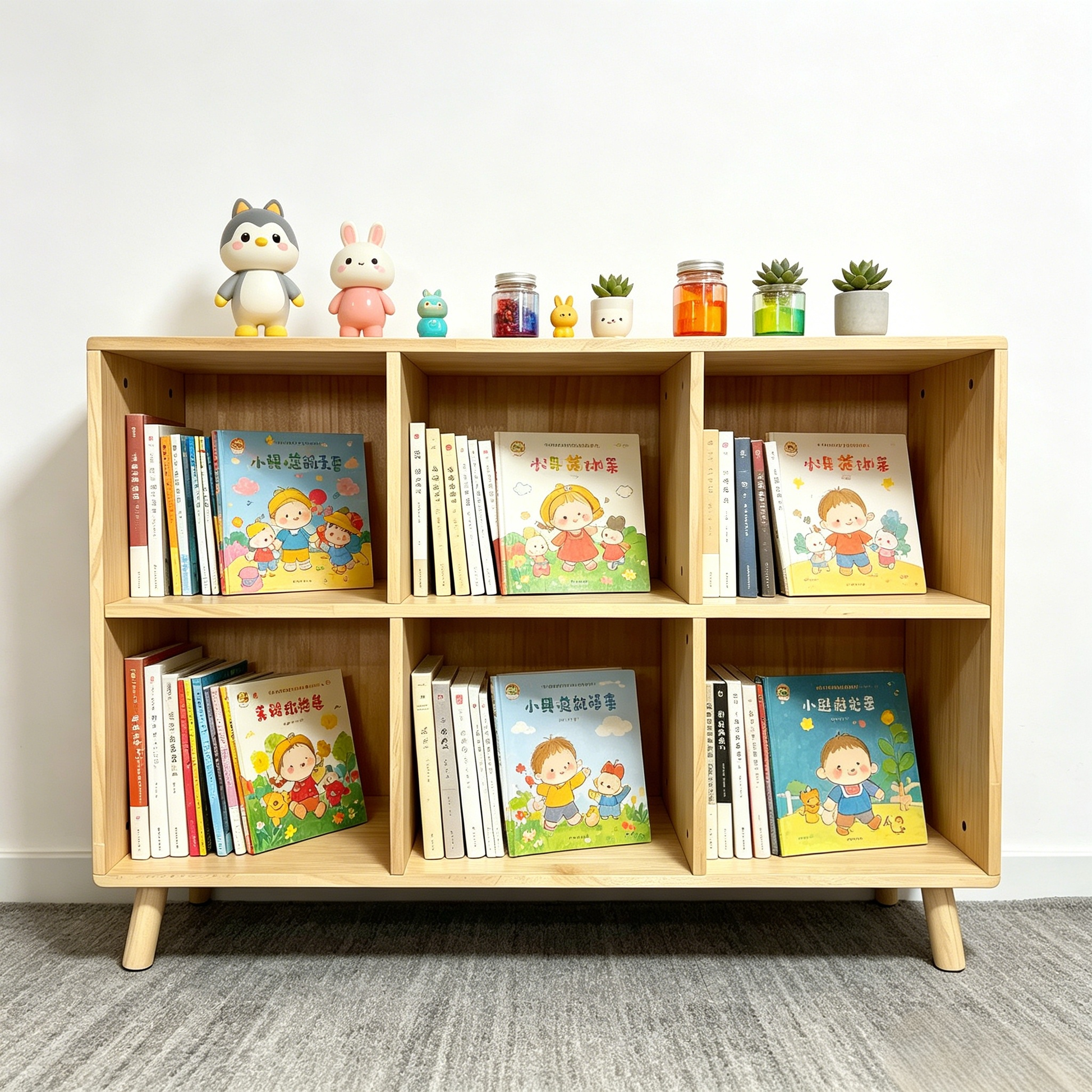 6 Cube Wooden Storage Shelf, Freestanding Open Bookcase with Legs, Natural Solid Wood Cubby Organizer for Living Room, Bedroom, Office, Entryway image 6