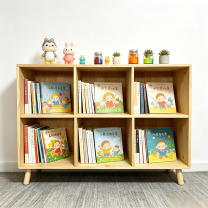6 Cube Wooden Storage Shelf, Freestanding Open Bookcase with Legs, Natural Solid Wood Cubby Organizer for Living Room, Bedroom, Office, Entryway image 6