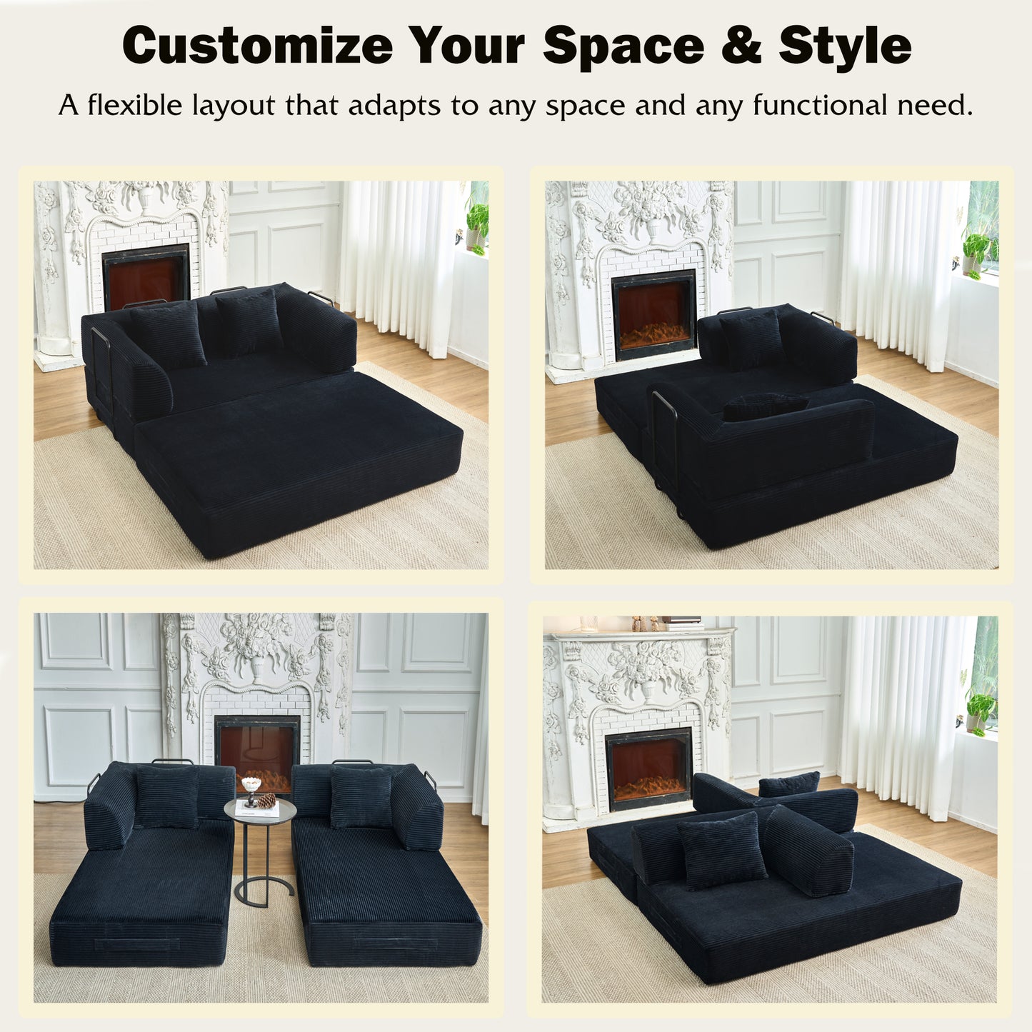 Convertible Sleeper Sofa Bed, Corduroy Folding Mattress Couch with Fixed-Shape Frame, Floor Sofa Lounge Couch Boneless Sofa for Living Room Bedroom, Black image 4