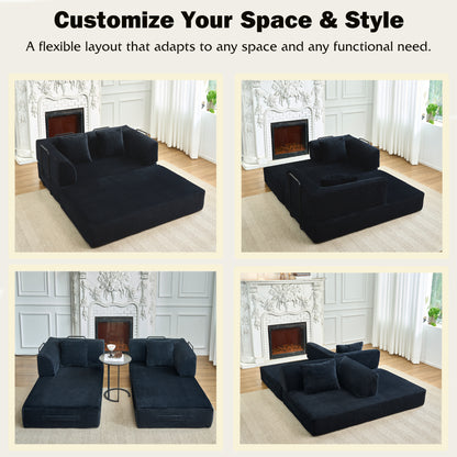 Convertible Sleeper Sofa Bed, Corduroy Folding Mattress Couch with Fixed-Shape Frame, Floor Sofa Lounge Couch Boneless Sofa for Living Room Bedroom, Black image 4