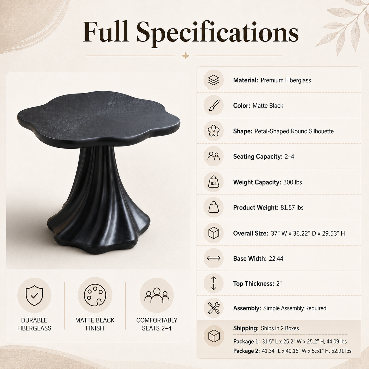 37" Black Sculptural Petal Dining Table – Modern Minimalist Dining Table, Seats 2-4 image 10
