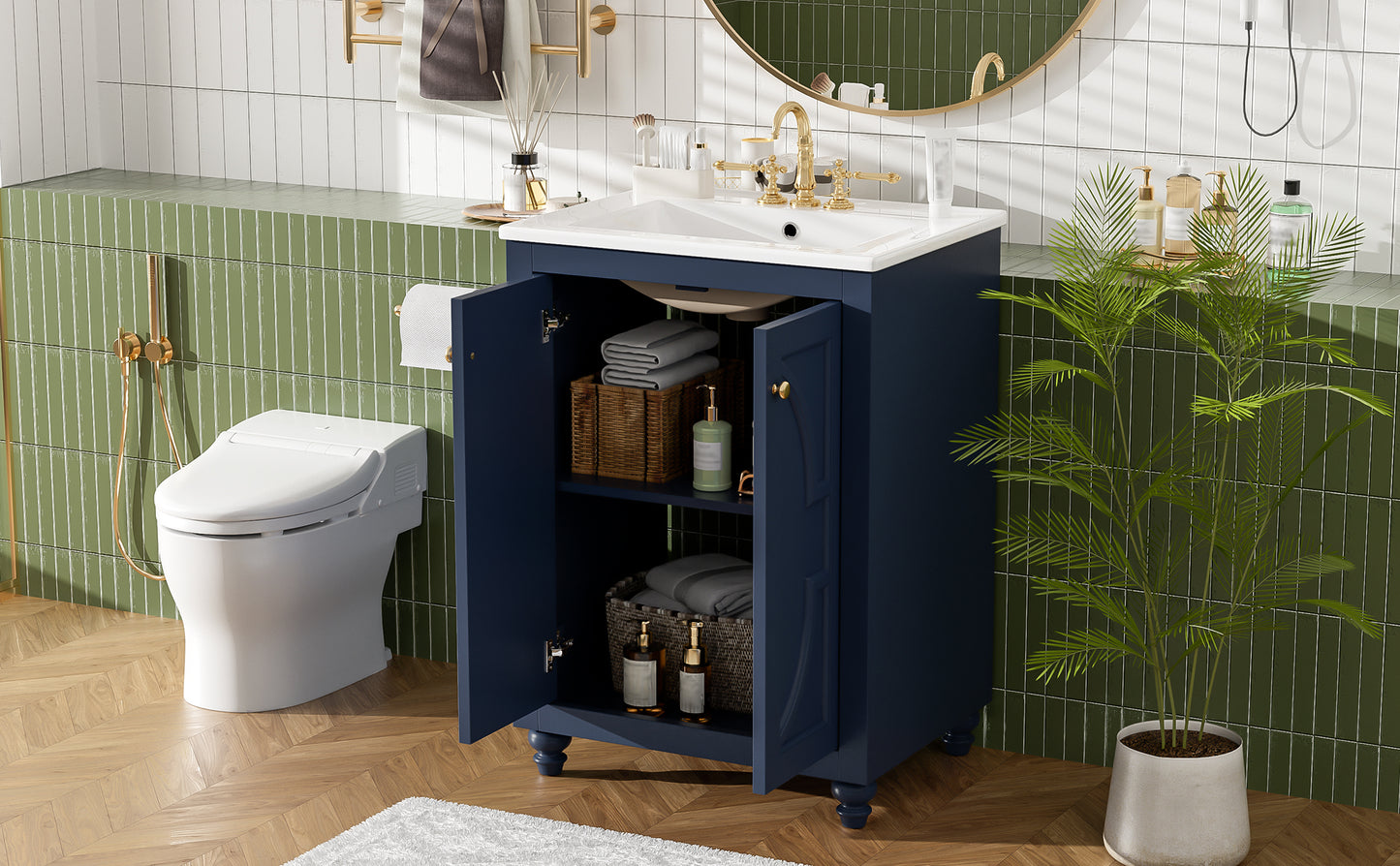 24" Modern Bathroom Vanity with Ornate Elliptical Motif Design & Soft-Close Hinges, Bathroom Cabinet with Back Open Structure, Ball-Turned Legs with French Elegance image 10