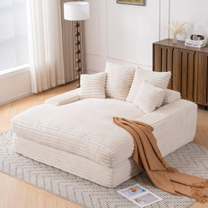 028-Oversized chaise Lounge chair, Upholstered Sleeper Sofa Bed with 4 Throw Pillows and Armrests, Corduroy Fabric Plush Lounge Chair Bed for Living Room, Apartment & Small Spaces, Beige image 9