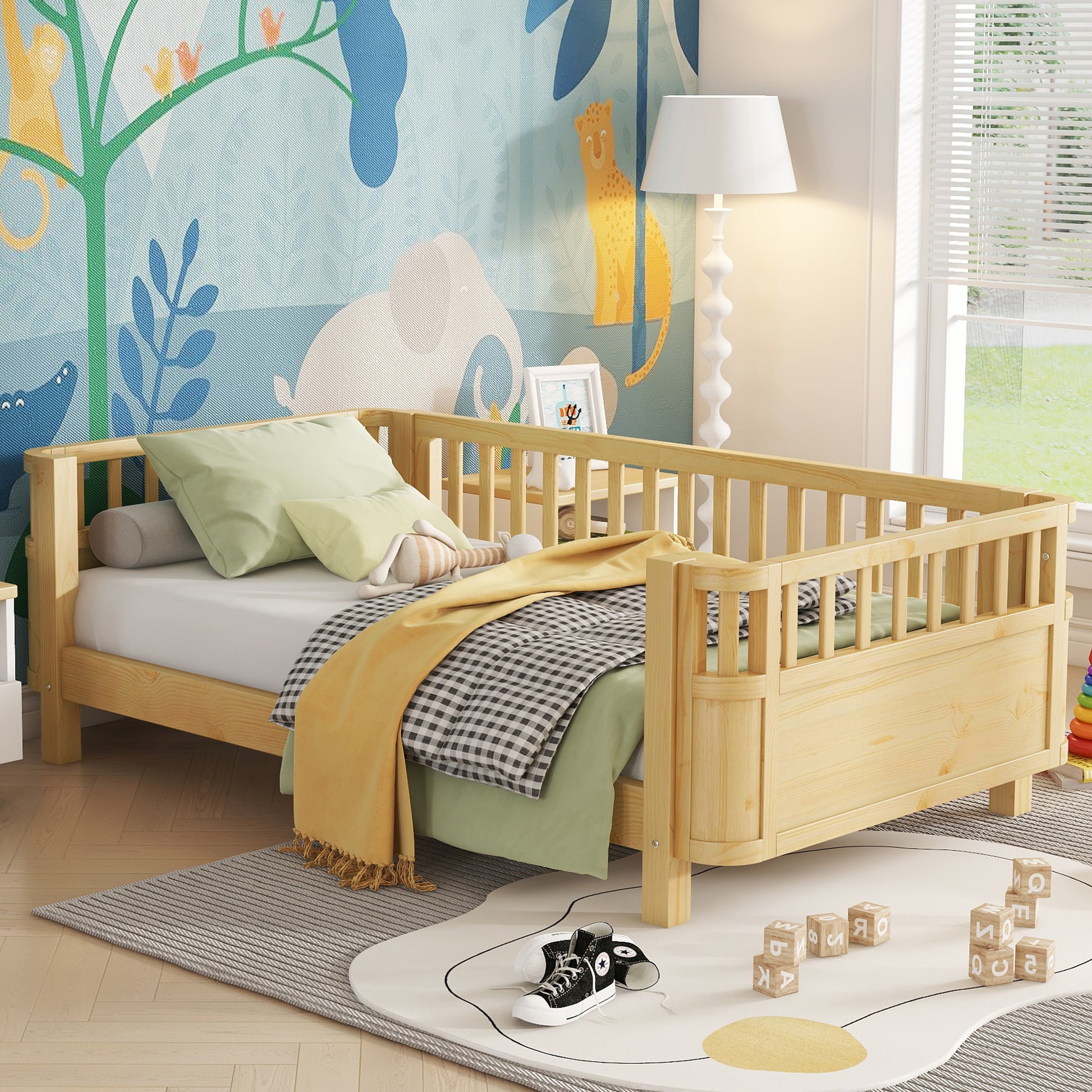 Twin Size Wood Platform Bed for Kids, Wood Low Profile Twin Bed with Rails for Girls and Boys, Natural (Patented Design, Expect Arrival Date 2026/5/11 Old SKU W2593P190150) image 1
