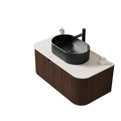 DINA 36" Bathroom Vanity with Sink, Modern Wall-Mounted Curved Edges Striped Bathroom Storage Cabinet with a Drawer, Black Ceramic Vessel Basin, NO Faucet, Pre-assembled, Dark Walnut Woodgrain Color image 4