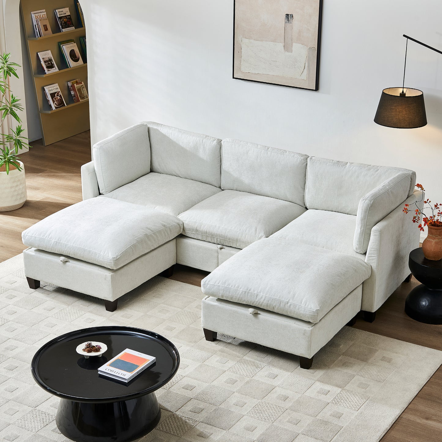 96.5" Sectional Couch for Living room, Upholstered Soft Chenille Fabric Sofa with Storage, 3-Seater with Two Ottomans U Shape Sofa Beige image 3
