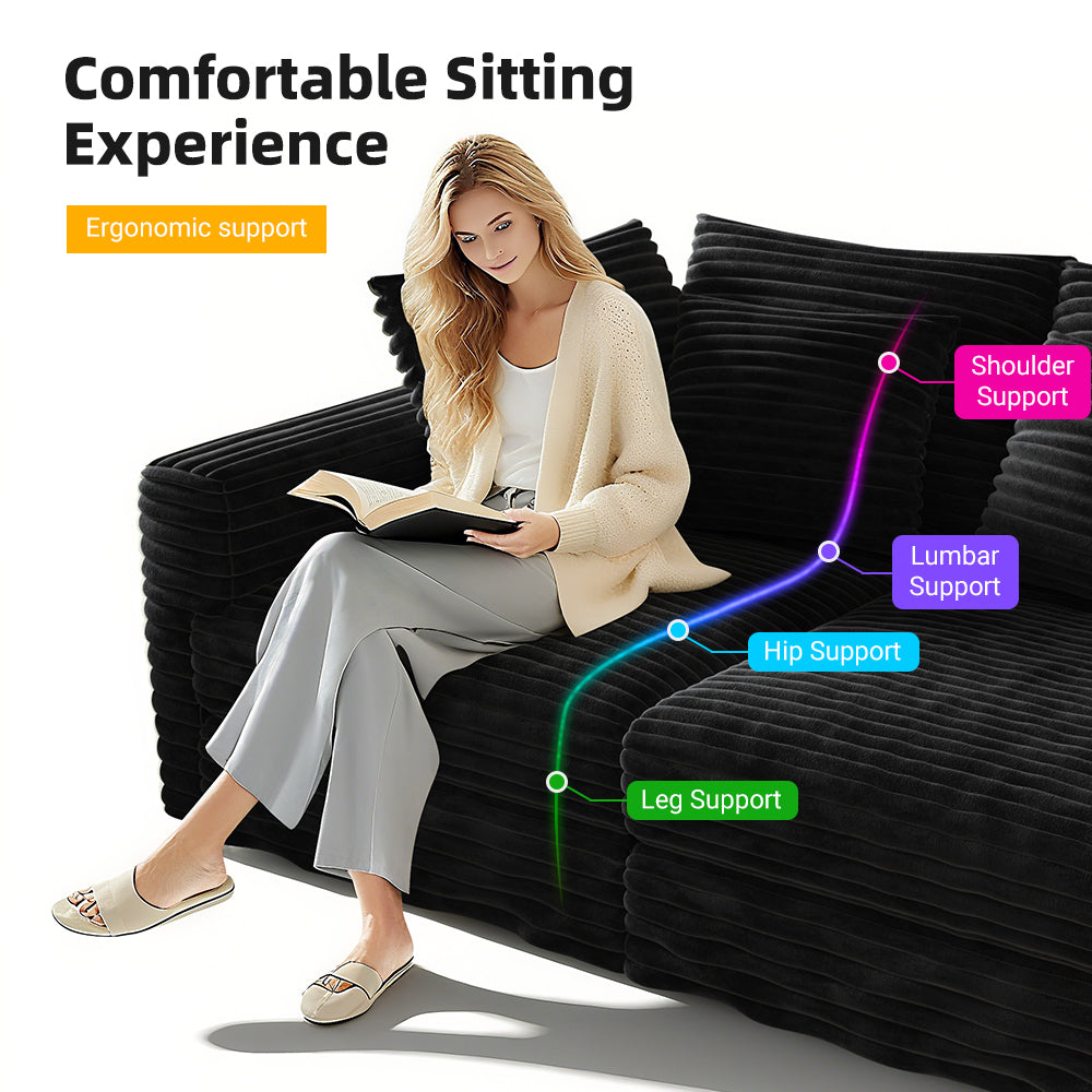 102.4 "Plush Corduroy 4-Seat Sofa,Modern Comfy Upholstered Sofa Cloud Couch,Deep Seat Couches with Soft Pillows and 3 Ottomans,Convertible Sofa Lounge Chair,Black(Old SKU:W1885S00287) image 9