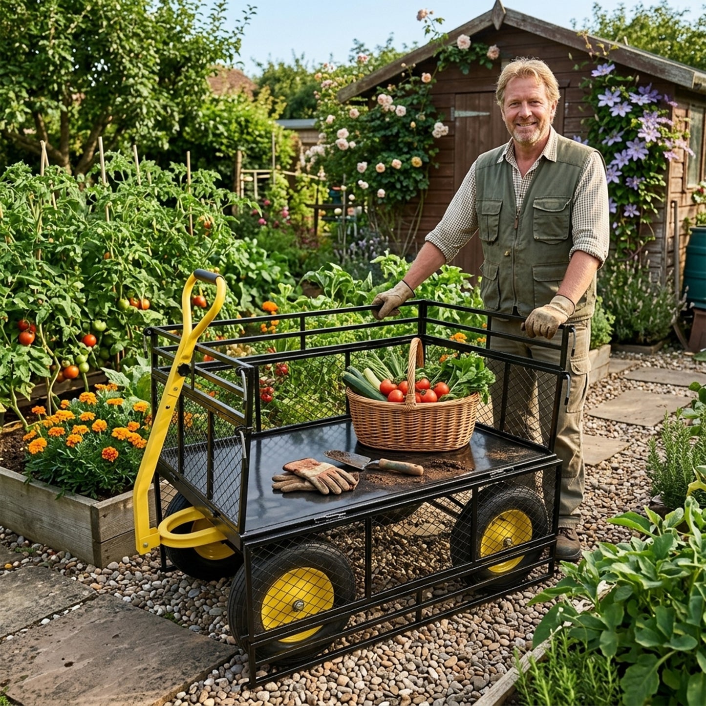 Steel Garden Cart, Heavy Duty 1400 lbs Capacity, with Removable Mesh Sides to Convert into Flatbed, Utility Metal Wagon with 2-in-1 Handle and 16 in Tires, Perfect for Garden, Farm, Yard image 10