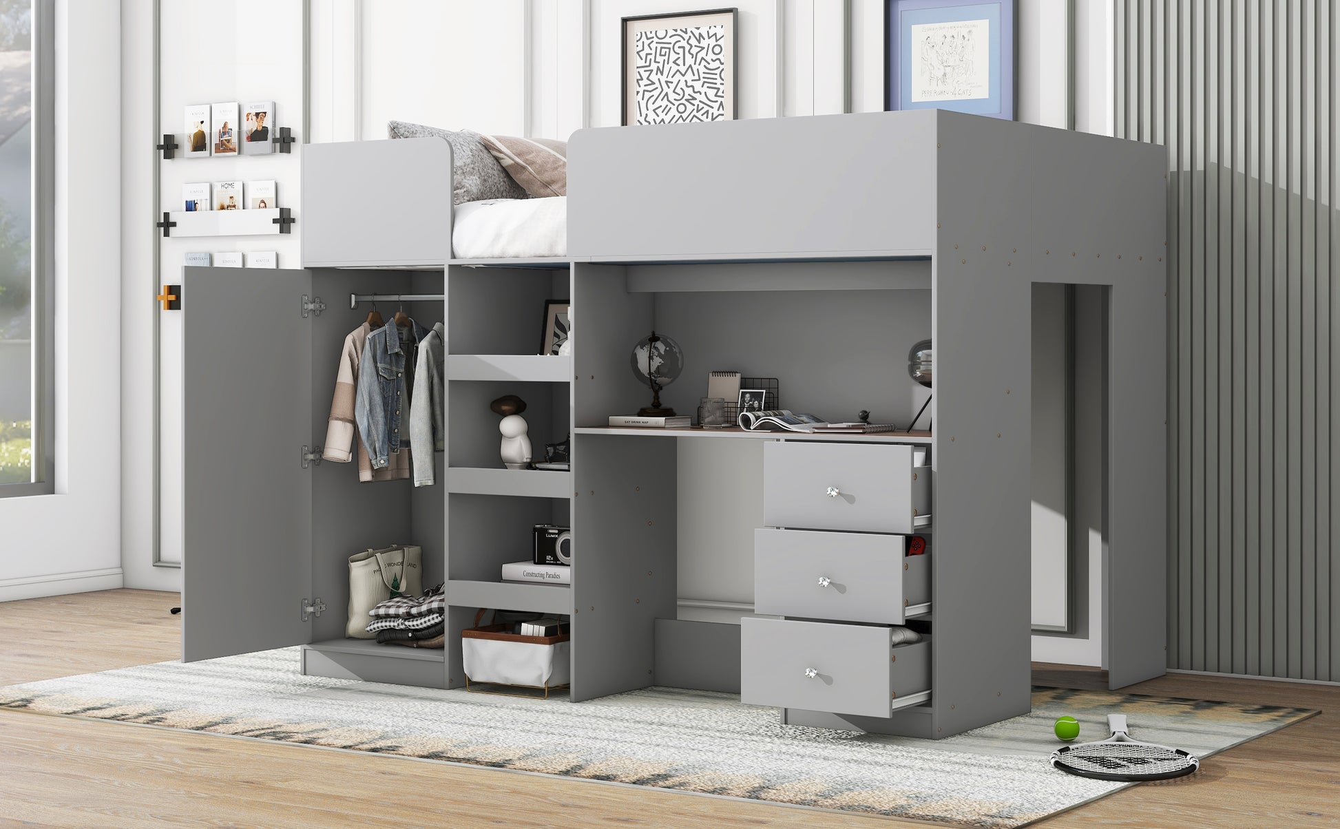 Wood Full Size Loft Bed with Built-in Wardrobe, Desk, Storage Shelves and Drawers, Grey image 4