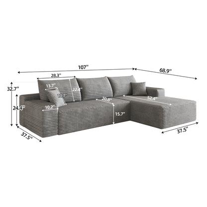 107" Cloud Sectional Couch with L-Shape Chaise,Modern Modular Sofa with Deep Seat, Upholstered Couches for Living Room Bedroom,No Assembly Required, Grey(Plush Corduroy Fabric) image 5