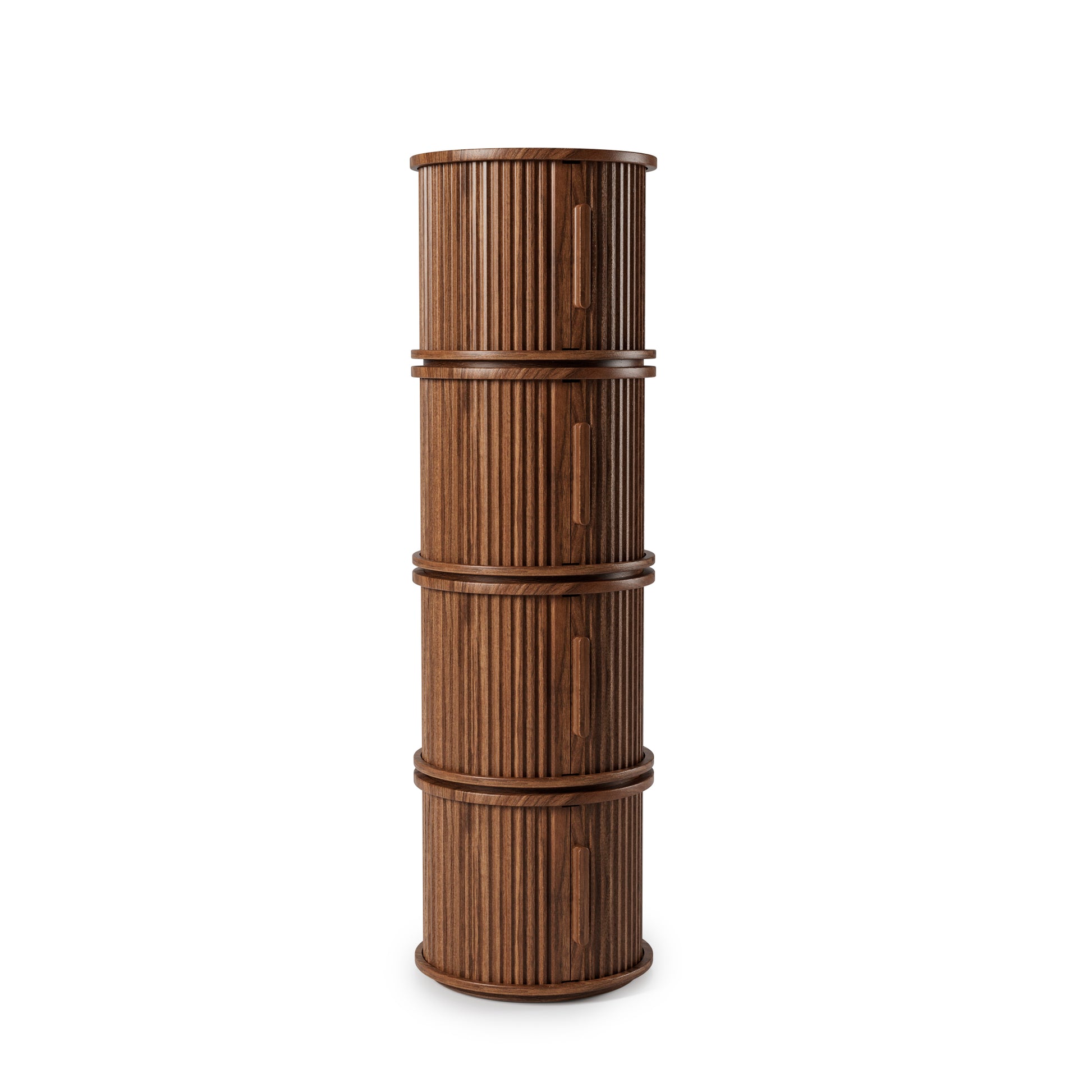 2Piece Round Coffee Table Set, Modern Nesting Side Tables with Sliding Door Storage, Walnut Finish Sofa End Table & Bedside Nightstand for Living Room & Bedroom, Fluted Roman Column Design Accent Tab image 3