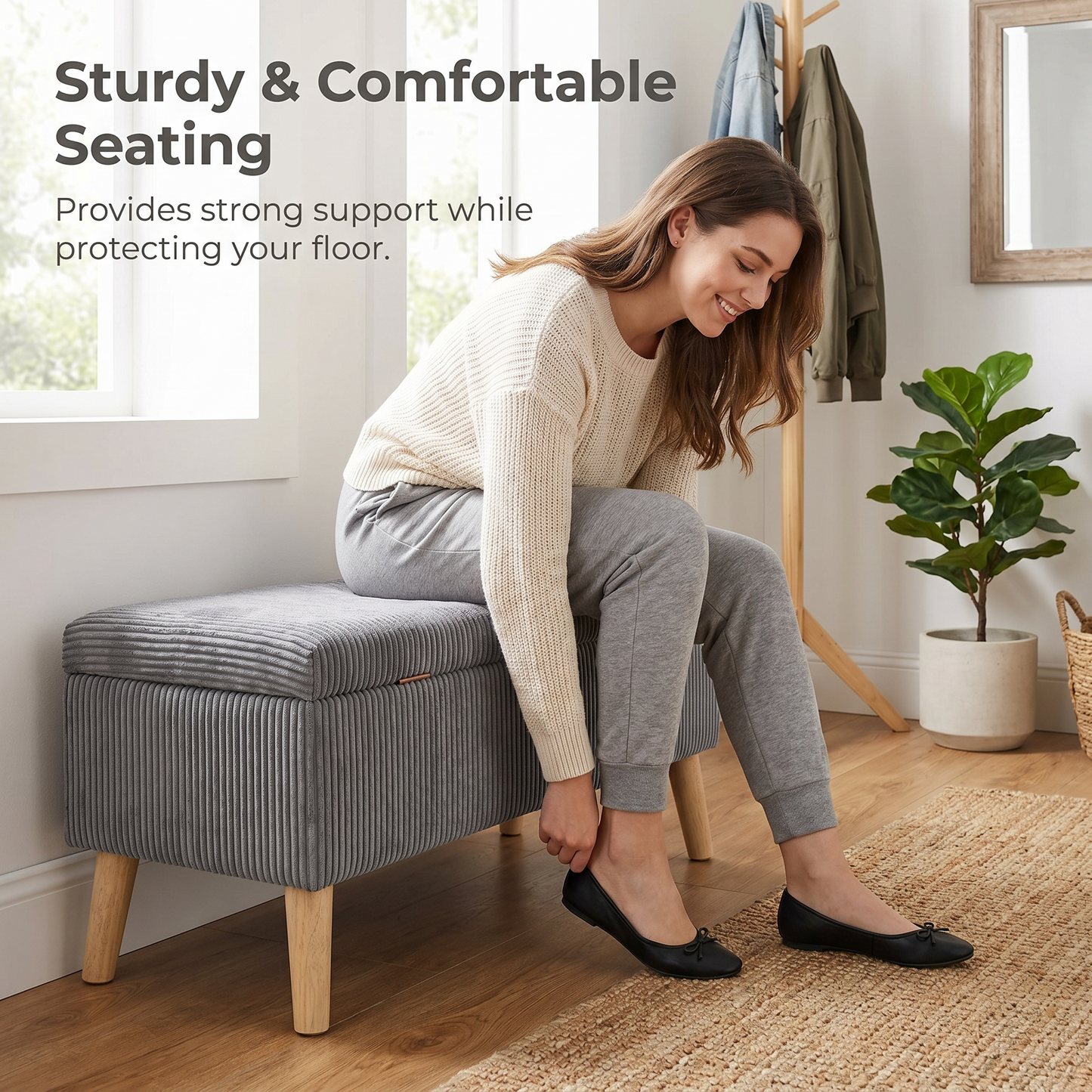 32 inch Wide Olive Grey Corduroy Storage Ottoman Bench with Wooden Legs, Flip-Top Storage Box, Soft Upholstered End of Bed Bench, Footrest & Shoe Bench for Bedroom, Living Room, Entryway image 2