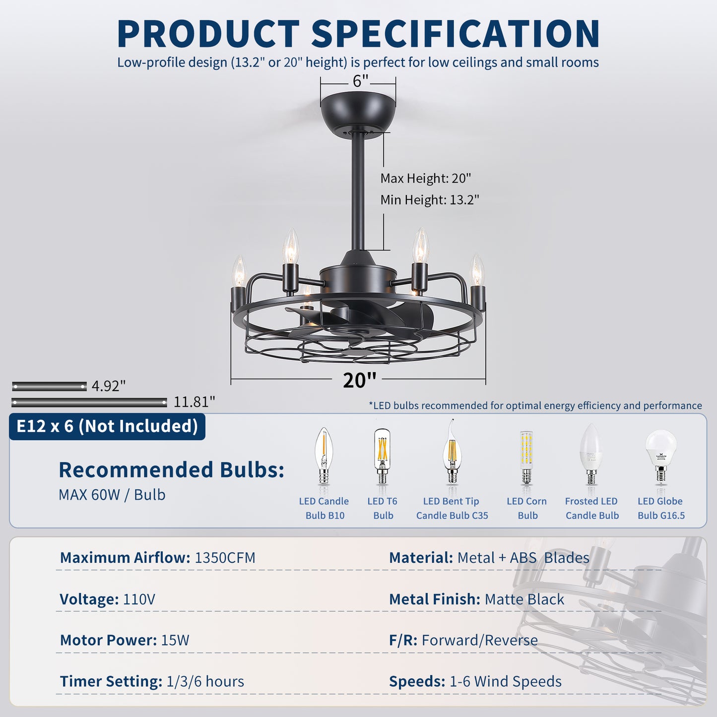 20" Industrial Ceiling Fan with Lights, Farmhouse Fandelier with 6 E12 Sockets, Reversible DC Motor, 6 Speeds Remote Control Ceiling Fan for Dining Room Kitchen Bedroom image 7