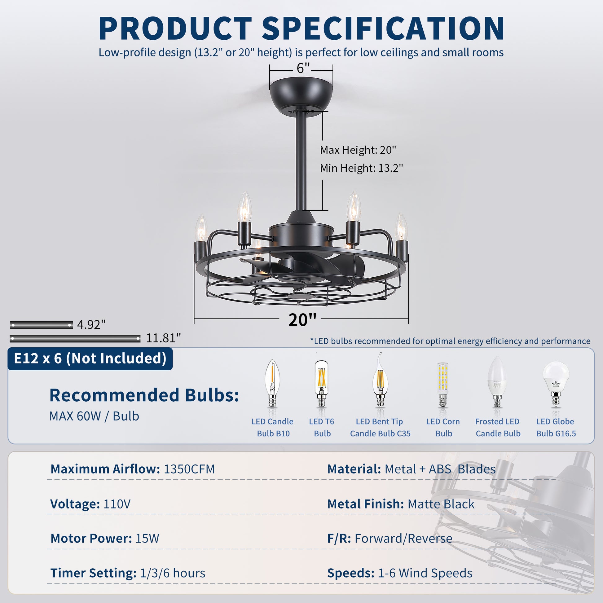 20" Industrial Ceiling Fan with Lights, Farmhouse Fandelier with 6 E12 Sockets, Reversible DC Motor, 6 Speeds Remote Control Ceiling Fan for Dining Room Kitchen Bedroom image 7