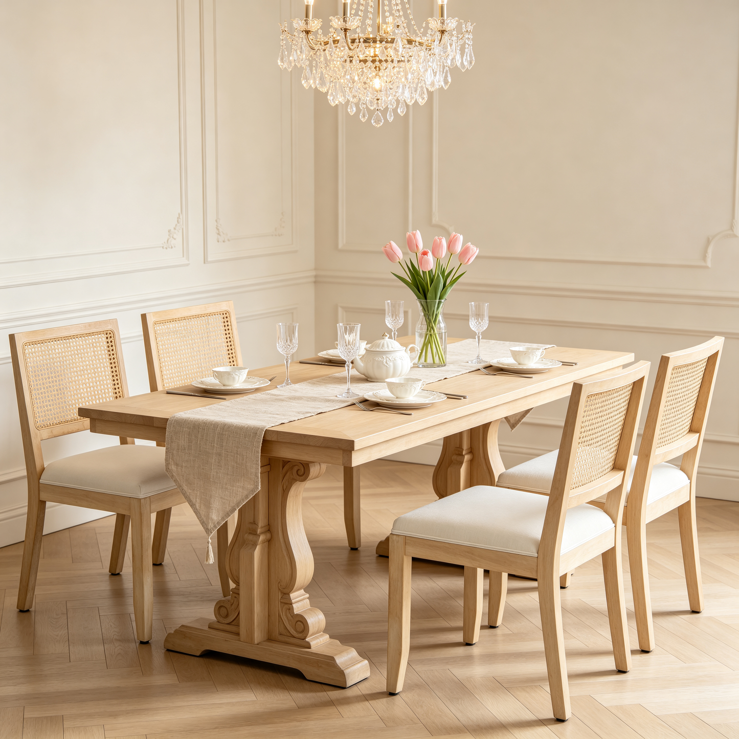 Farmhouse Rattan Dining Chairs Set of 2, Mid Century Modern Kitchen & Dining Room Chairs, Cane Low Back, with Natural Solid Wood Frame, Beige image 12