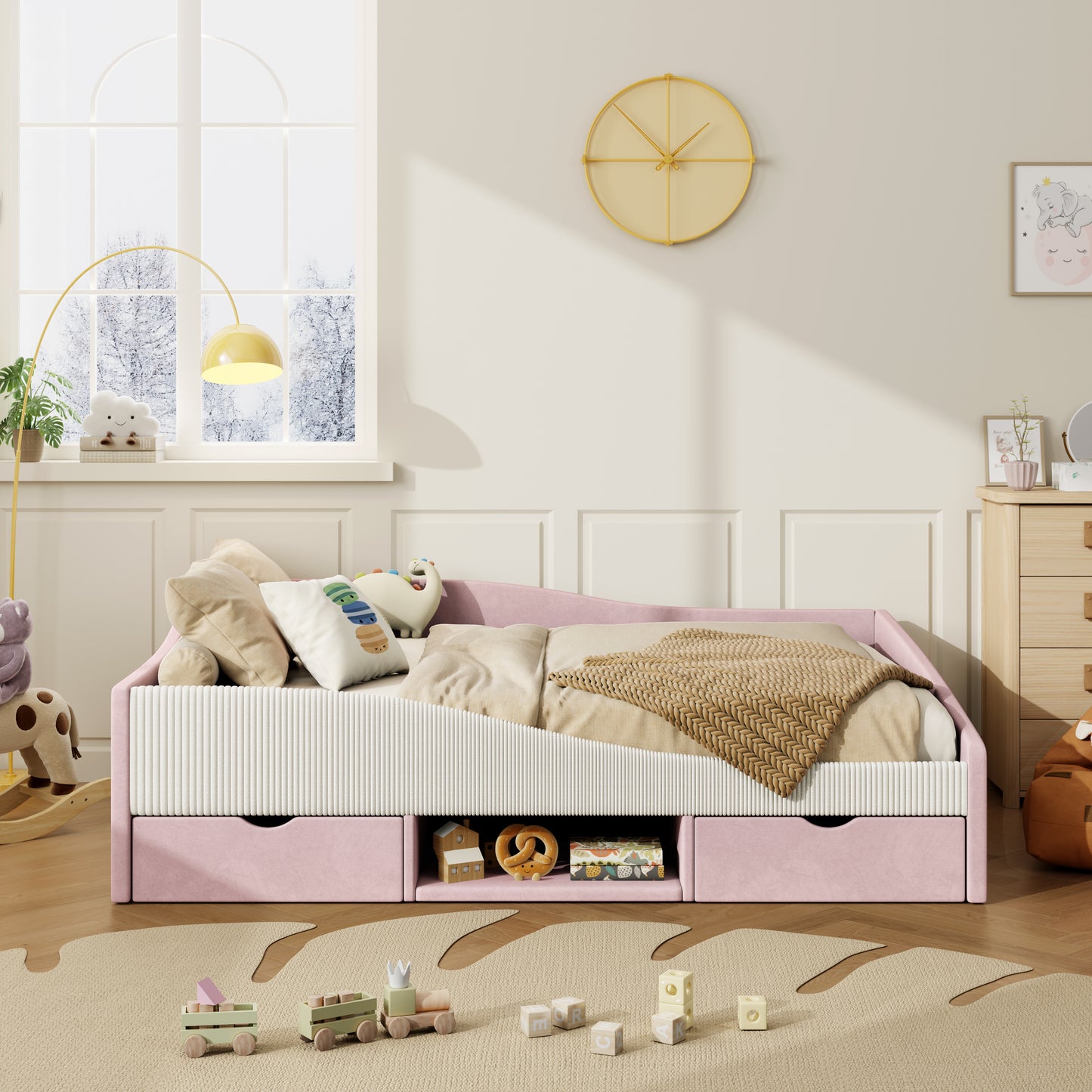 Full Size Upholstered Daybed Frame with 2 Storage Drawers, Pink image 1