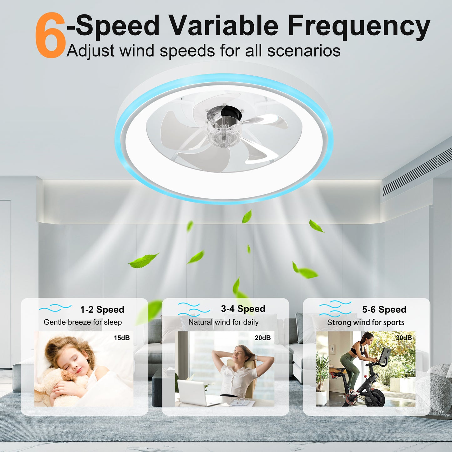 19.7" Modern RGB Ceiling Fan with Lights, Flush Mount Low Profile Fan with Remote & APP, 6-Speed Reversible Silent DC Motor, Dimmable 3000-6500K LED for Bedroom, White image 2