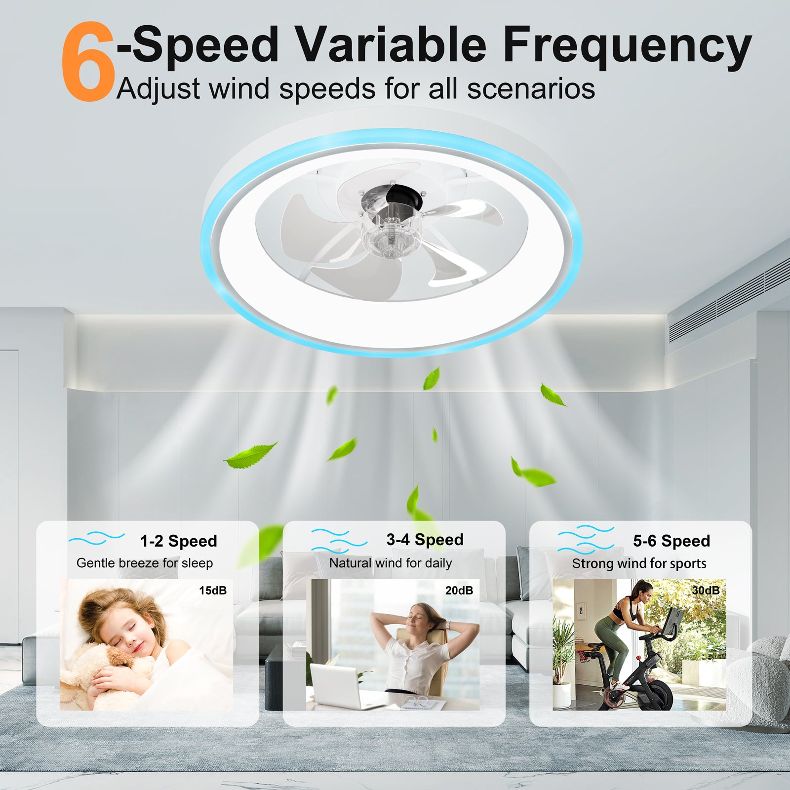 19.7" Modern RGB Ceiling Fan with Lights, Flush Mount Low Profile Fan with Remote & APP, 6-Speed Reversible Silent DC Motor, Dimmable 3000-6500K LED for Bedroom, White image 2