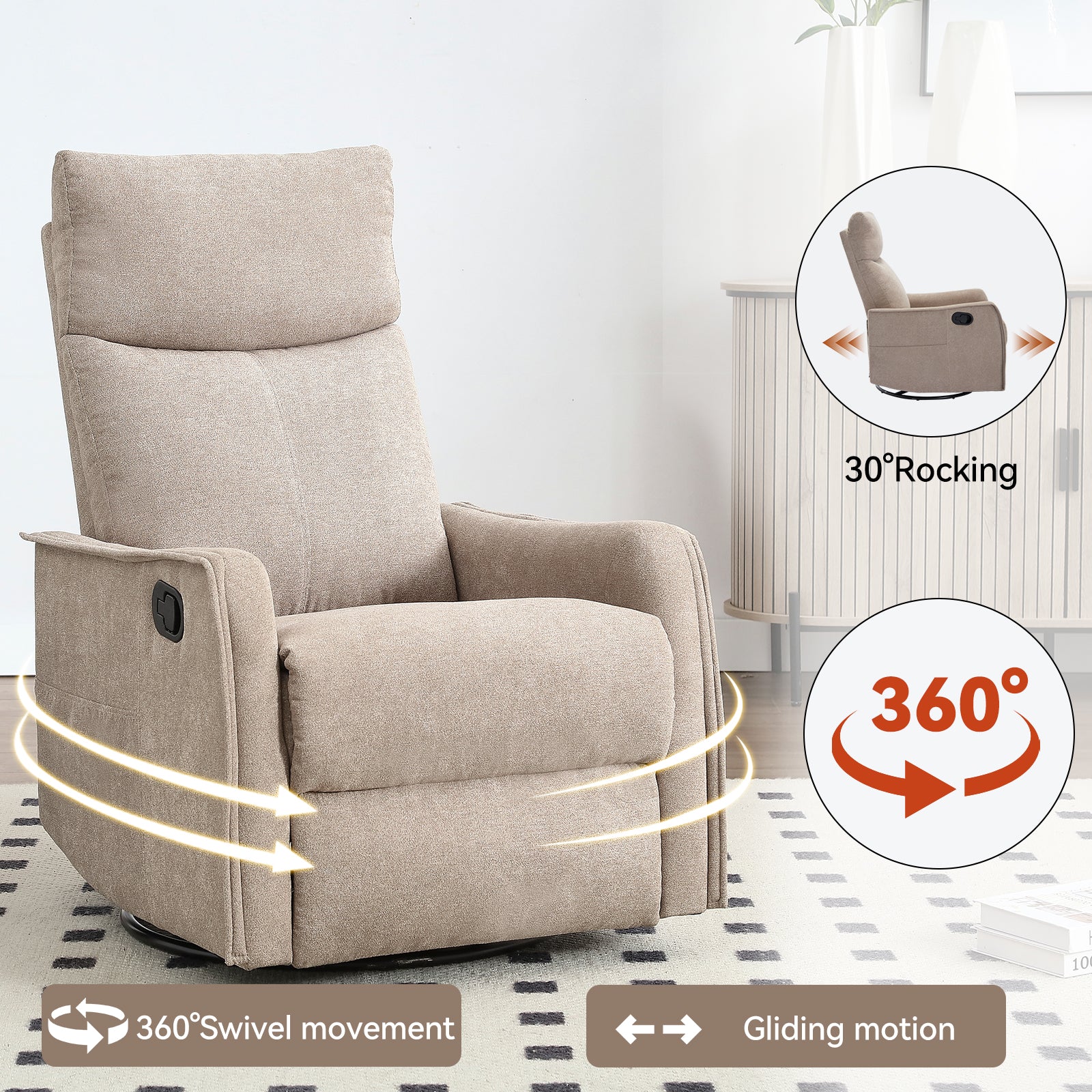 Heat Massage Manual Recliner Chair with Rocker and Swivel in Fabric for Living Room, Khaki image 4