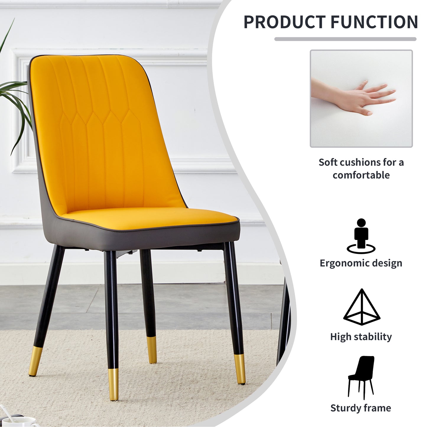 A modern dining chair with orange yellow dark gray dual tone PU leather backrest and black metal legs, suitable for kitchens, bedrooms, and offices. Set of 4 pieces (orange yellow, dark gray+PU)C-007 image 6