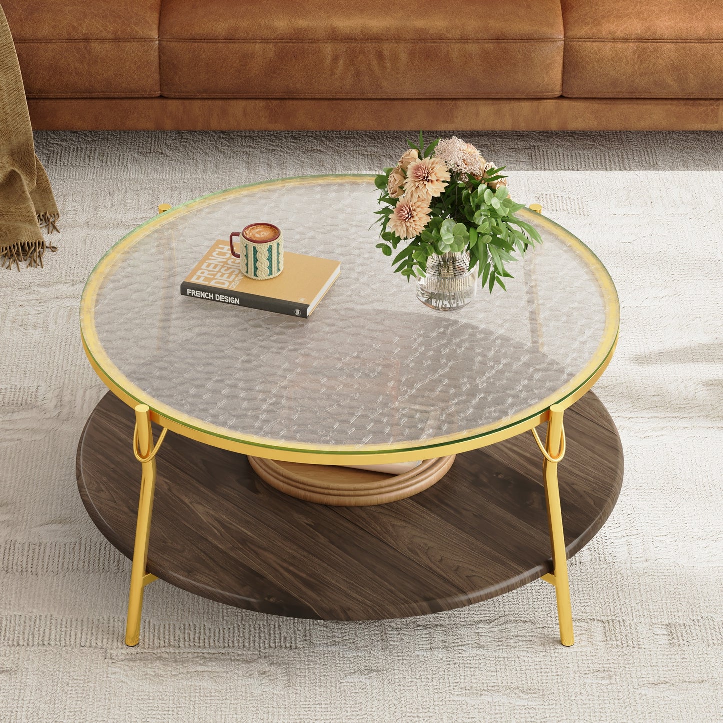 Modern Round Walnut 2-Tiered Coffee Table with Glass Top and Gold Base for Living Room, 29.9" image 8