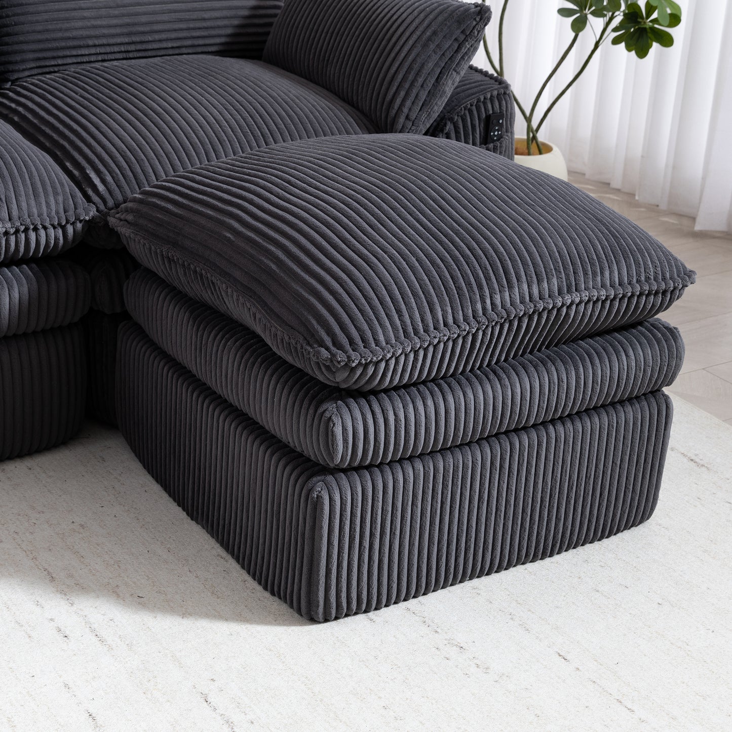 L Shaped Compressed Modular Sectional Sofa Modern Corduroy Upholstered Boneless Couches with Movable Footstool,With Three Pillows and Two Lumbar Pillows,Detachable Cloud Seat Cushions image 11
