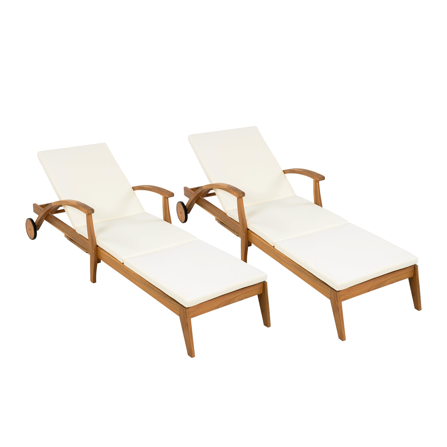 CHAISE LOUNGE WITH WHEEL - ACACIA WOOD RECLINER FOR PATIO/GARDEN, WITH 2INCH WHITE CUSHION, 4-POSITION ADJUSTABLE BACKREST, VERSATILE OUTDOOR FURNITURE (Only 1 SET: 1 frame+ 1 Cushion) image 9