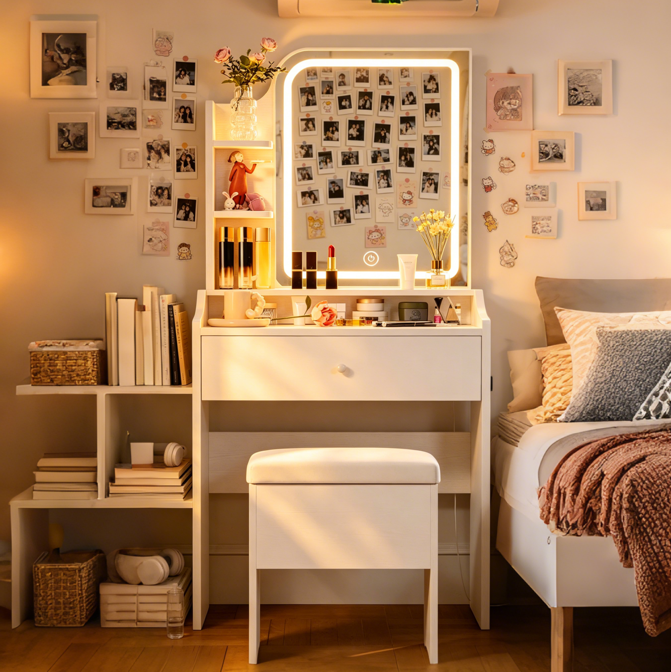 White vanity set includes smart LED mirror, women's bedroom makeup table with storage; suitable for bedrooms, living rooms, dormitories, etc. image 3